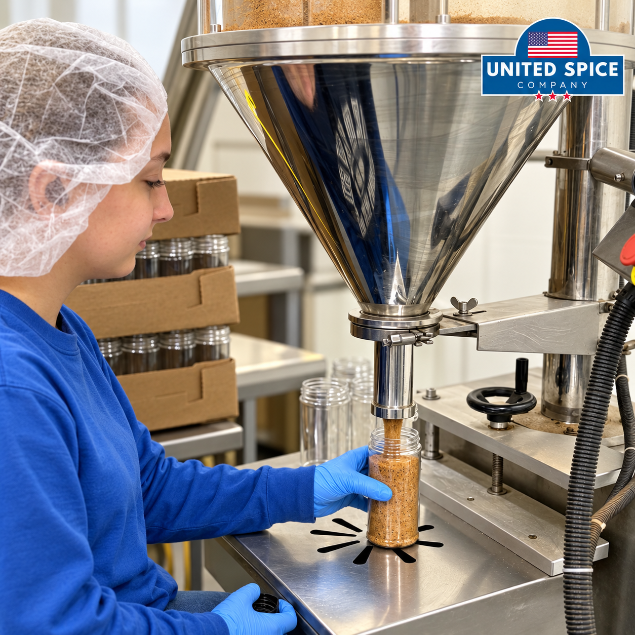 Team member filling a seasoning container on a dry spice filling machine